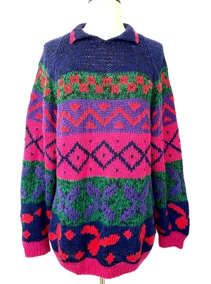 Vintage 80’s sweater bold color cotton ramie Studio Michelle Stuart hand knit thumbnail 1
