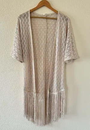 Liberty Love Cardigan Size S Cream Crochet Fringe Boho Open Front Cover‎ Up thumbnail 1
