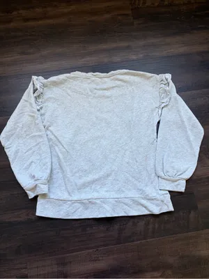 LOFT Womens Size Medium Light Gray Ruffle-Trim Pullover Sweatshirt thumbnail 3