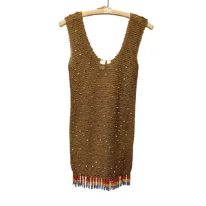 Vicky Moreinis Brown Knit Beaded Swimwear Cover up Dress Beaded Fringe Stretch thumbnail 3