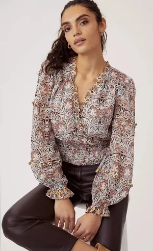 Anthropologie Printed Ruffle Crop Blouse Size Medium thumbnail 1