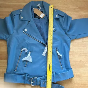 NWT Lock & Love Blue Faux Leather 1984 Motorcycle Belted Cropped Jacket S thumbnail 8