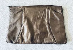 Vintage Leather Clutch Metallic Brown Zip Purse 80s Minimalist Bag Retro thumbnail 1