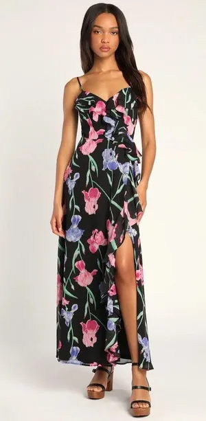 NWT Lulu’s Elegant Bliss Black Floral Print Ruffled Sleeveless Maxi Dress thumbnail 1