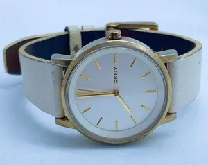 Dkny women watch 34mm gold tone solid stainless steel white Leather band WR runs thumbnail 1