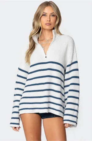 Edikted 1/4 Zip oversized Ribbed Sweater White with Navy Stripes Nautical cotton thumbnail 1