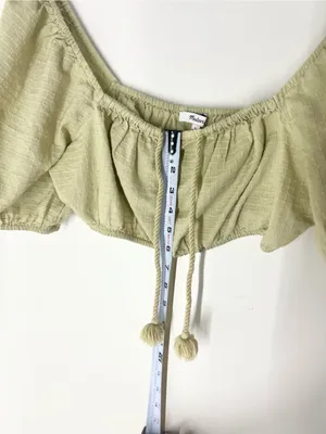 Madewell Olive Green Puff Sleeve Crop Top with Tassel Tie thumbnail 7