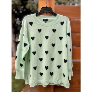 J.Crew 100% Cashmere Heart Print Sweater Mint Green Navy Blue Hearts XL Crewneck thumbnail 2