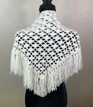 Womens Handmade OS Crochet Shawl White Fringe Open Knit Shell Stitch Wrap Boho thumbnail 1