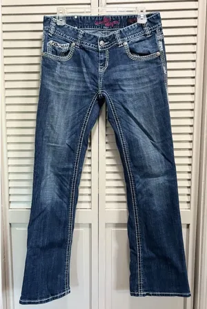 Rock & Roll Cowgirl‎ Bootcut Denim Jeans Pocket Beads Embroidered Gems Sz 29x32 thumbnail 1