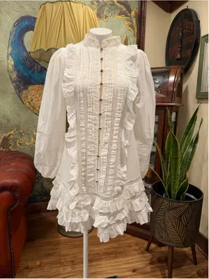 White Ruffle Mini Dress Glam Coastal Boho Lace Long Sleeve Tuxedo Pleat Sz M thumbnail 3