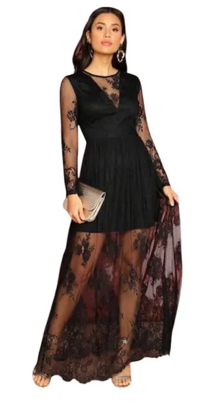 Womens Black Lace Maxi Dress Flowy Goth Witchy Evening Party Dark Romance thumbnail 1