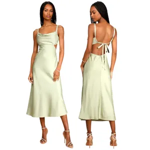Lulus Stun to Remember Sage Green Satin Cowl Neck Cutout Midi Dress size S NWT thumbnail 2