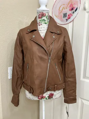 CoffeeShop Brown Faux Leather Moto Biker Jacket Size L thumbnail 1