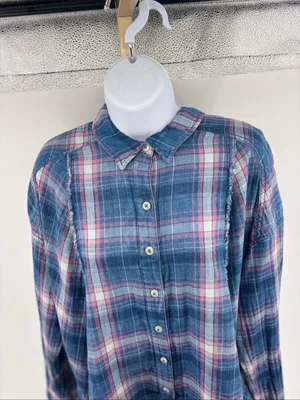 Free People Seeking Starlight Plaid Shirt Blouse Size M Boho Pink Blue Casual thumbnail 13