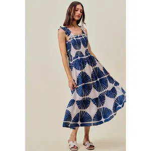 SO ME Abstract Print Smocked Bodice Tiered Lined Midi Dress - Navy - Large thumbnail 8
