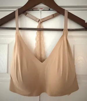 True & Co True Body Triangle Lace Racerback Bra Beige Wirefree L 36C-D 38A-B thumbnail 1
