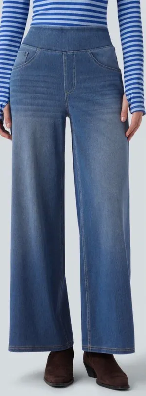 Halara M Wide Leg Denim Pants Elastic Waistband Blue Wash Womens M Comfortable S thumbnail 1