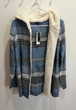 Lety Me Zola NWT Medium Blue Hood Teddy Plush Sherpa Trim Faux Fur Cardigan Fall thumbnail 1