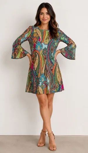Tommy Hilfiger Petite 4P Multicolor Paisley Bell Sleeve Shift Dress Boho thumbnail 1