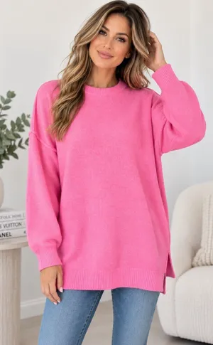 BTFBM Women's M Hot Pink Oversized Knit Sweater Crew Neck Long Sleeve Tunic Fall thumbnail 1
