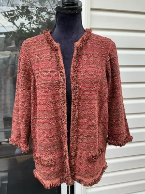 Chico's Frayed-Trim Open-Front Cardigan in Rust Mix thumbnail 3