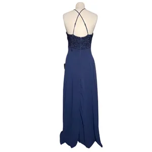 NWT LULU’s Women’s Navy Blue Chiffon Lace Maxi Full Length Dress Gown thumbnail 7
