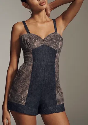 Anthropologie Pilcro Snake Print Denim Romper/Playsuit, Size 8 thumbnail 1