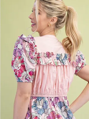 Gigio Pink Floral Ruffle Puff Sleeve Dress Size L thumbnail 2