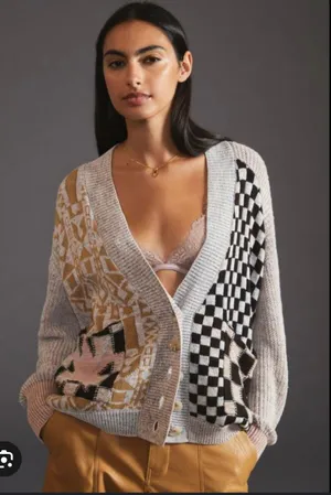 Anthropologie Petite Cardigan Gray Checkered thumbnail 1