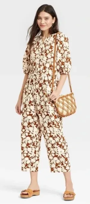 Universal Threads Cream and Brown Floral Romper Puff Sleeve Cottage Women’s SZ XL thumbnail 1