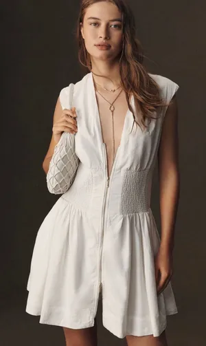 Anthropologie Tommie Cap Sleeve Smocked mini shirt dress White Linen Blend NEW thumbnail 1