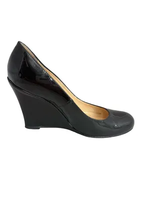 Christian Louboutin Black Patent Leather Round Toe Wedge Pumps Size 6 Women's thumbnail 10