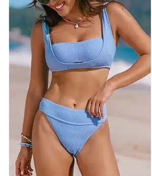 Cupshe Sporty Lace-Up Back Bikini Bralette Mid-Rise Bottoms Set Blue Large thumbnail 1