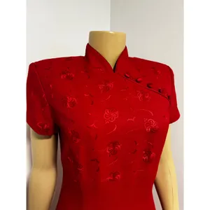 Vintage Taurus II Red Cheongsam Style Floral Jacquard ASIAN Midi Dress Size 8P thumbnail 3