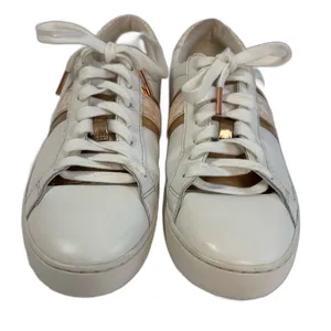 Michael Kors Irving‎ Stripe Sneakers Womens 9M White Rose Gold Leather Logo thumbnail 3