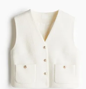 H&M NWT Cream Bouclé Button Front Vest Size Medium Pockets Gold Buttons thumbnail 1