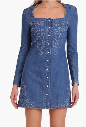 Avec Les Filles Denim Embroidered Mini Dress thumbnail 1
