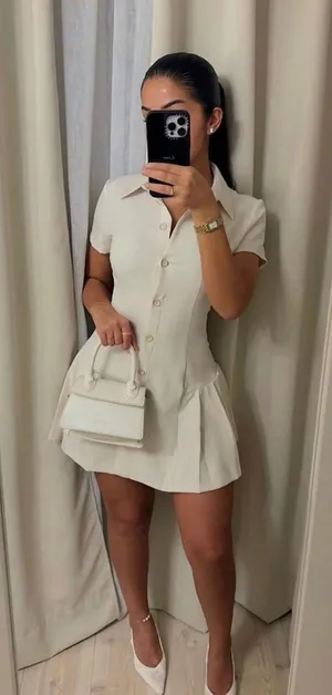 Zara mini dress pleated skirt collar button up ivory casual classic old money thumbnail 1