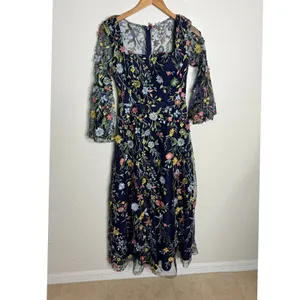 Floral Embroidered Mesh Midi Dress Sz 6 Bell Sleeve Cottagecore Navy thumbnail 2