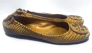 Tory Burch Reva Gold ballet flats shoes Mustard yellow snakeskin leather sz 10 thumbnail 1