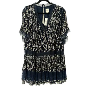 NWT Anthropologie Maeve V-Neck Lurex Tiered Mini Dress Navy Metallic Size Medium thumbnail 5