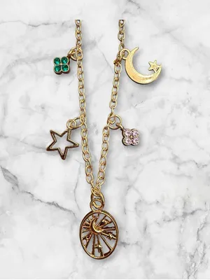 Gold Celestial Charm Necklace with Pink & Teal Accents thumbnail 2