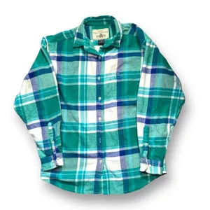 Vintage 90s Kelly Green Blue Plaid‎ Flannel Button Front Long Sleeve Baggy Shirt thumbnail 1