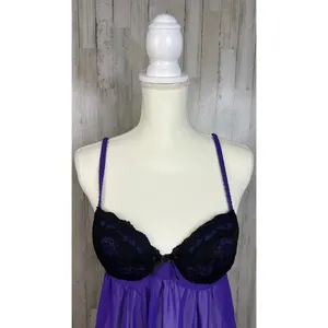Ambrielle Women's‎ Medium Purple & Black Lace Babydoll Dress Nightgown thumbnail 3