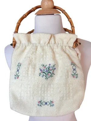 Vintage Monogram “S” Embroidered Cross Stitch Bamboo Handle Cottagecore Bag thumbnail 12