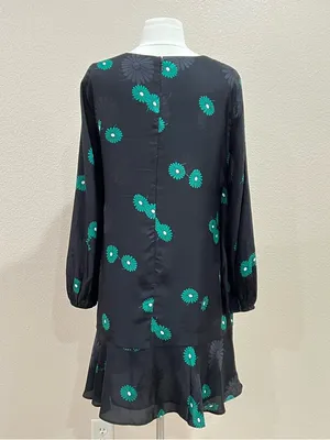Ann Taylor Green Floral Jacquard Black Flounce Shift Dress with Pockets Size 8 thumbnail 7