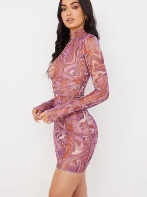 NWT House of CB Dylan Purple Printed Mesh Lace Up Mini Dress Size‎ 4 thumbnail 2
