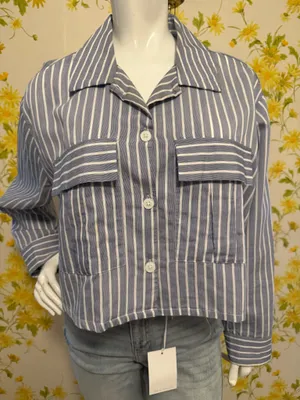 Lily Star Blue and White Striped Button-Front Crop Shirt size L thumbnail 2