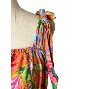Lands' End Dress Women‎ Medium Orange Tropical Floral Smocked Tie Shoulder Midi thumbnail 5